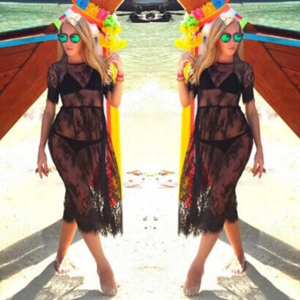 New! Black Lace Beach Cover Up Dress Boho - Picture 5 of 8